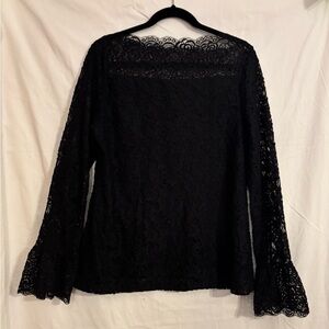 Intricate embroidered black lace detail top with long sleeves boat neck. Gothic